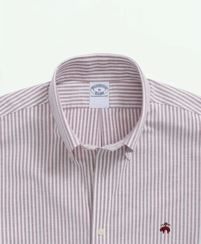 Sport Shirts Men Brooks Brothers Stretch NonIron Oxford ButtonDown Collar Stripe ShortSleeve Sport Shirt Burgundy