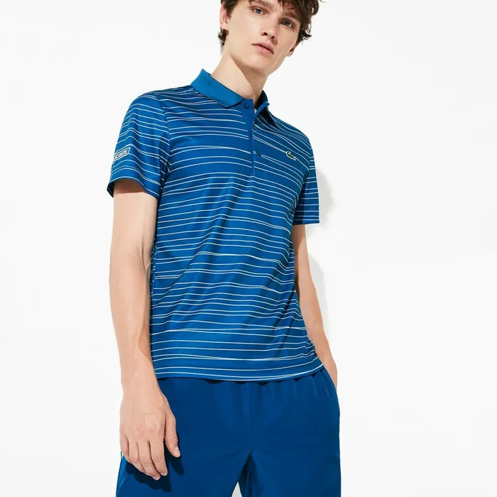SPORT Striped Breathable Piqu Tennis Polo BlueWhite Mens Lacoste Polos Popular