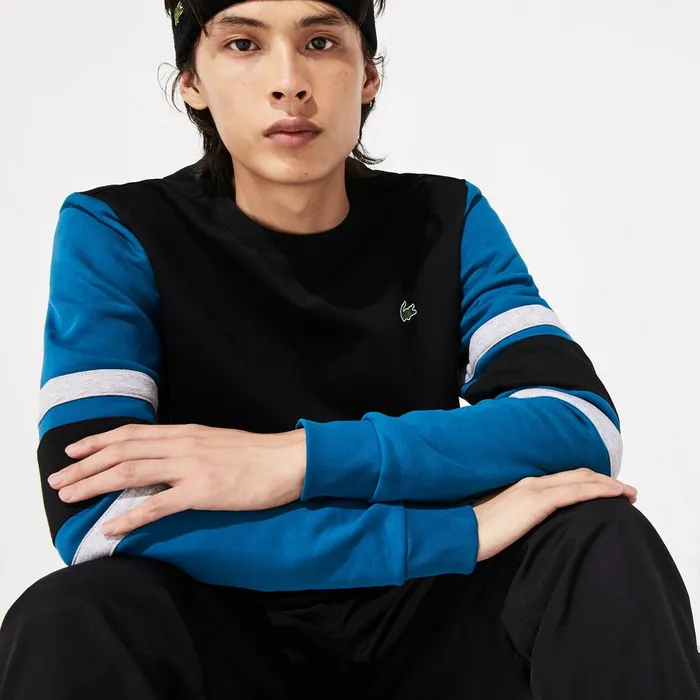 SPORT StripedSleeve Fleece Sweatshirt BlackBlueGrey ChineBlack Mens Lacoste Sweatshirts Cheap On Sale