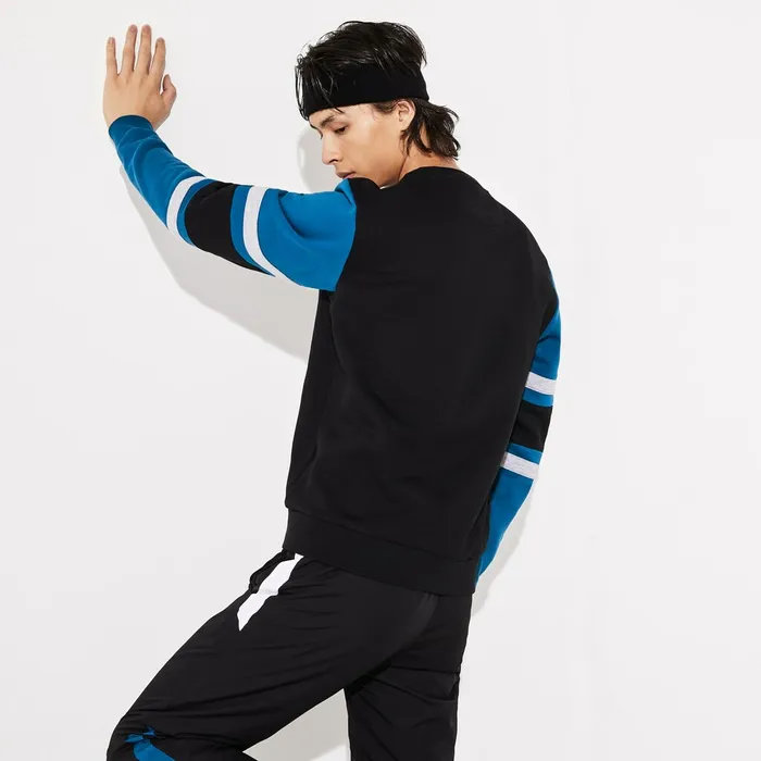 SPORT StripedSleeve Fleece Sweatshirt BlackBlueGrey ChineBlack Mens Lacoste Sweatshirts Cheap On Sale