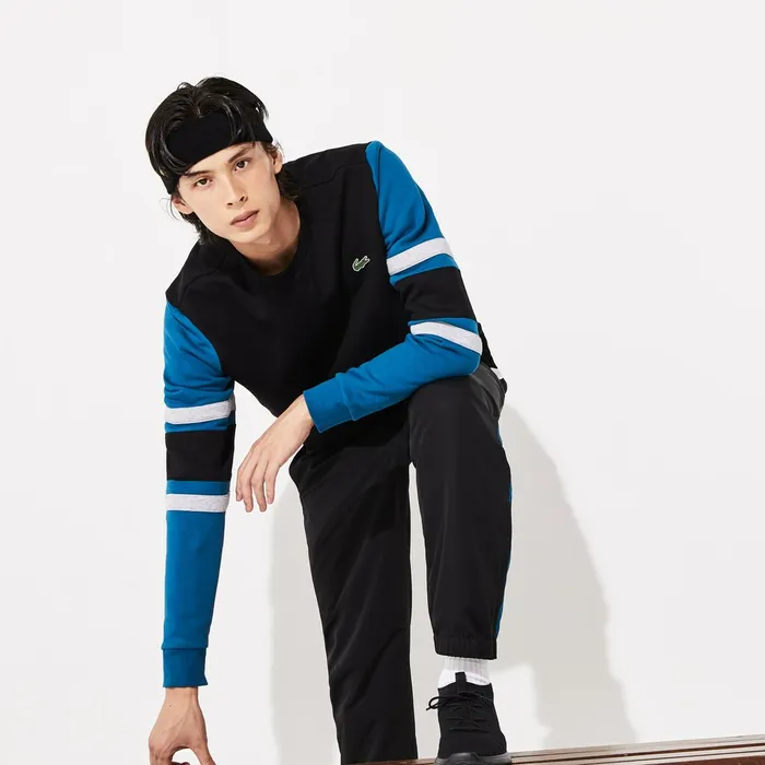 SPORT StripedSleeve Fleece Sweatshirt BlackBlueGrey ChineBlack Mens Lacoste Sweatshirts Cheap On Sale