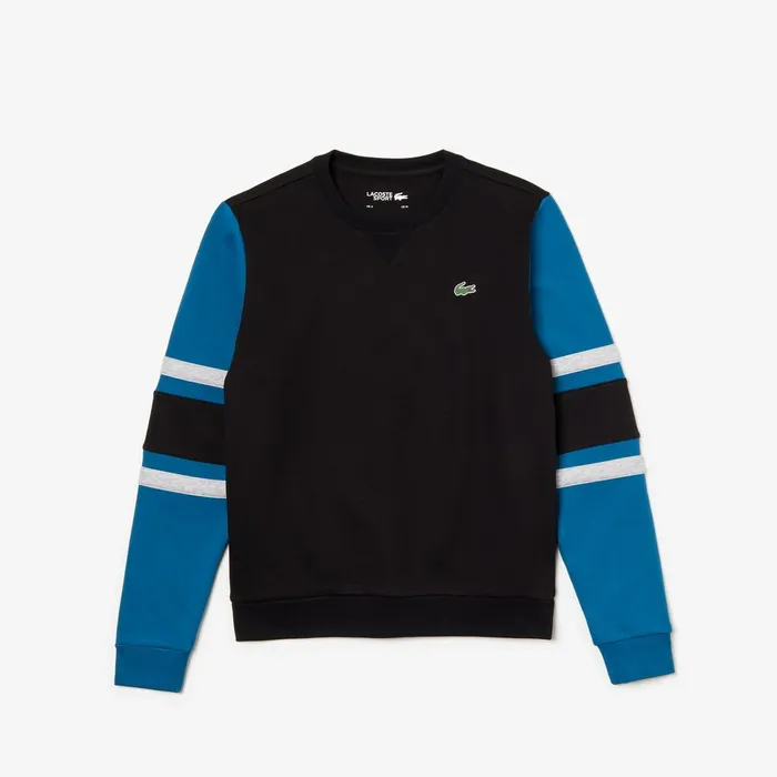 SPORT StripedSleeve Fleece Sweatshirt BlackBlueGrey ChineBlack Mens Lacoste Sweatshirts Cheap On Sale