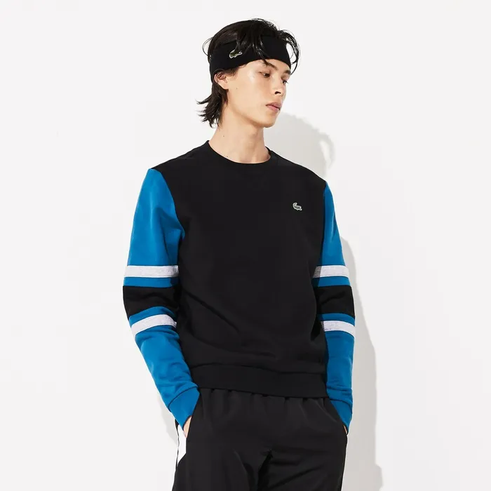 SPORT StripedSleeve Fleece Sweatshirt BlackBlueGrey ChineBlack Mens Lacoste Sweatshirts Cheap On Sale