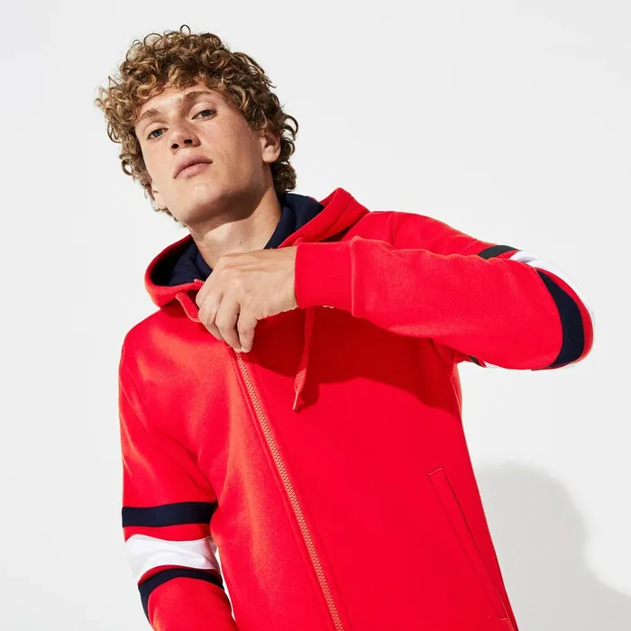 SPORT StripedSleeve Hooded Zip Sweatshirt RedWhiteNavy Blue Mens Lacoste Sweatshirts Gift 4 You