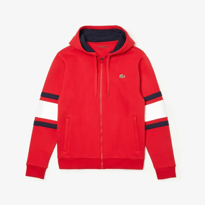 SPORT StripedSleeve Hooded Zip Sweatshirt RedWhiteNavy Blue Mens Lacoste Sweatshirts Gift 4 You