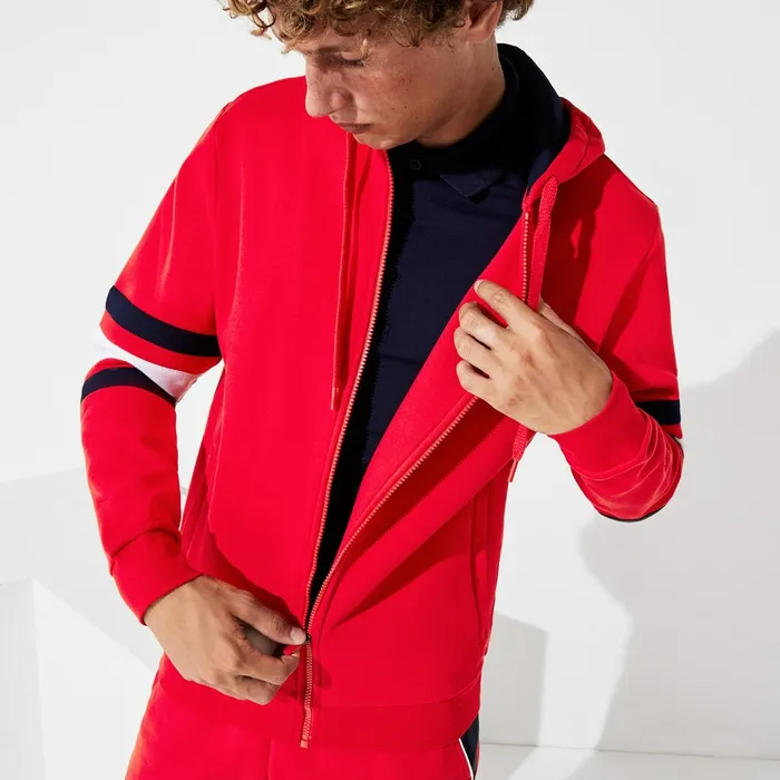 SPORT StripedSleeve Hooded Zip Sweatshirt RedWhiteNavy Blue Mens Lacoste Sweatshirts Gift 4 You