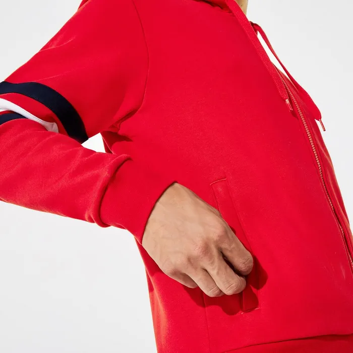SPORT StripedSleeve Hooded Zip Sweatshirt RedWhiteNavy Blue Mens Lacoste Sweatshirts Gift 4 You