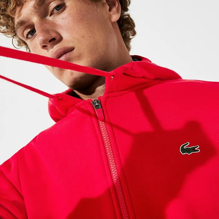 SPORT StripedSleeve Hooded Zip Sweatshirt RedWhiteNavy Blue Mens Lacoste Sweatshirts Gift 4 You