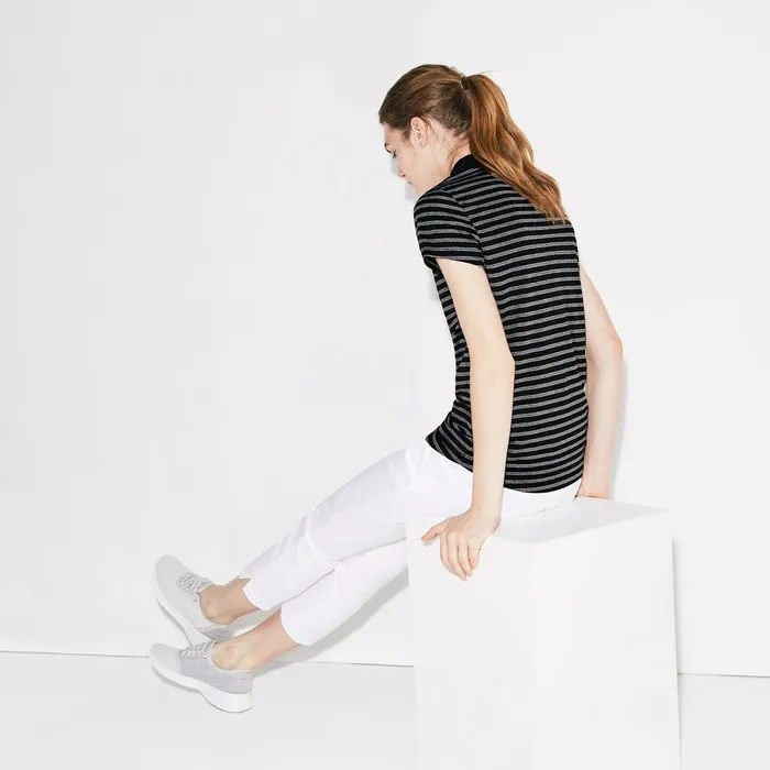 SPORT Striped Technical Jersey Golf Polo BlackWhite Womens Lacoste Polos Online Store