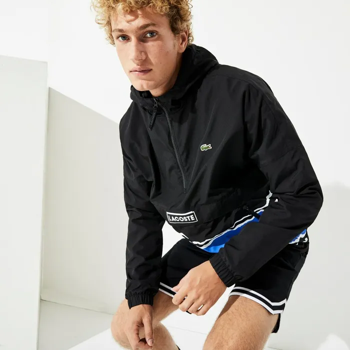 SPORT Striped WaterResistant Windbreaker BlackBlueWhite Mens Lacoste Jackets and Coats Online