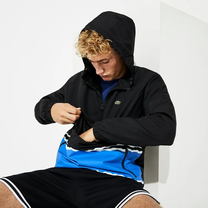 SPORT Striped WaterResistant Windbreaker BlackBlueWhite Mens Lacoste Jackets and Coats Online