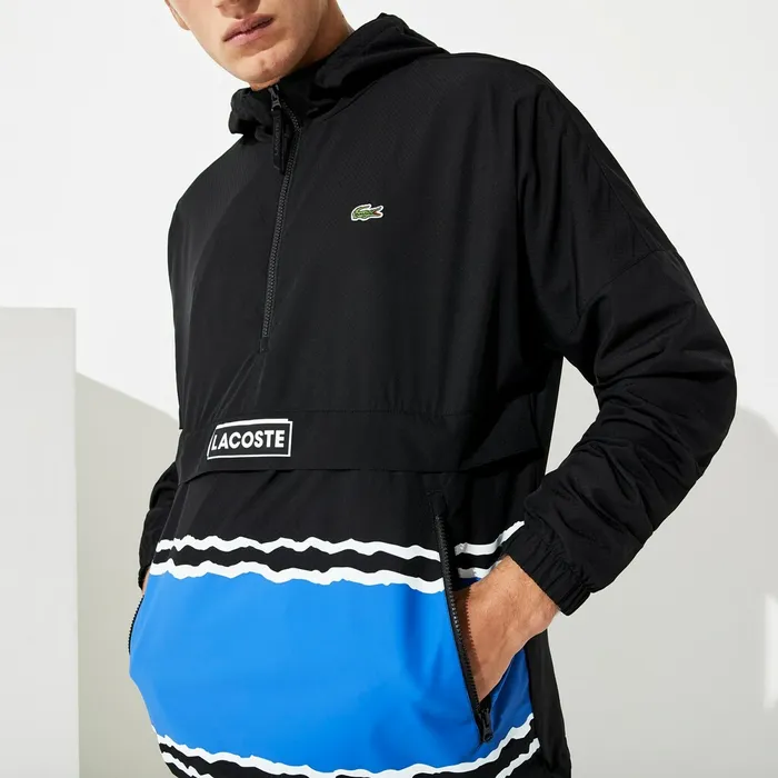 SPORT Striped WaterResistant Windbreaker BlackBlueWhite Mens Lacoste Jackets and Coats Online