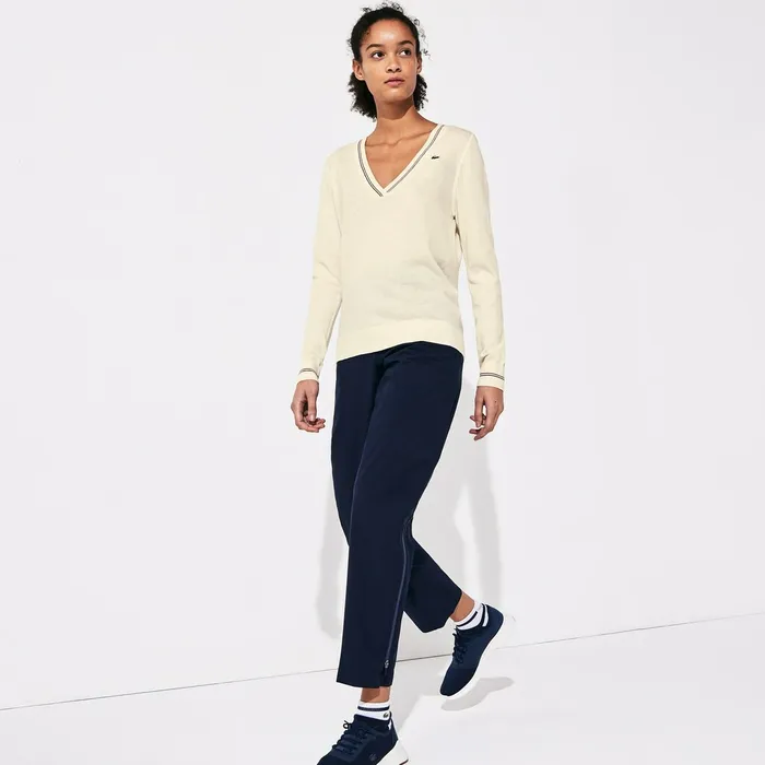 SPORT Technical Wool Blend Golf Sweater WhiteNavy BlueRed Womens Lacoste Sweaters and Sweatshirts Gift Ideas