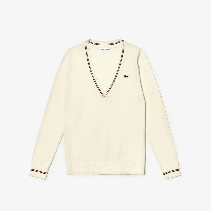 SPORT Technical Wool Blend Golf Sweater WhiteNavy BlueRed Womens Lacoste Sweaters and Sweatshirts Gift Ideas