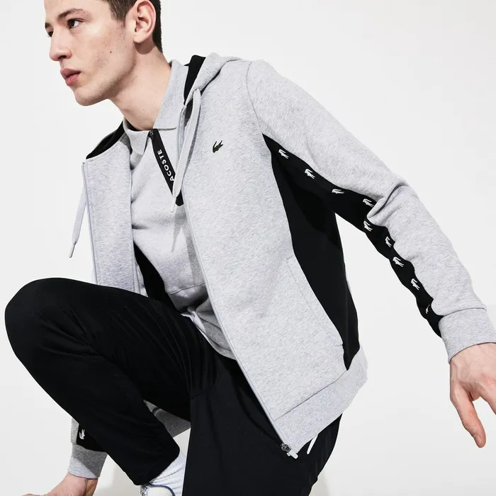 SPORT TwoTone Fleece Hoody Sweatshirt Grey ChineBlack Mens Lacoste Sweatshirts On Sale