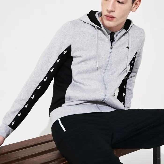 SPORT TwoTone Fleece Hoody Sweatshirt Grey ChineBlack Mens Lacoste Sweatshirts On Sale