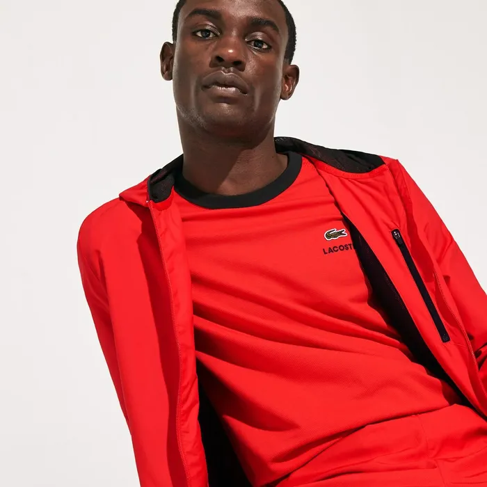 SPORT WaterResistant Foldable Hooded Zip Jacket RedBlack Mens Lacoste Jackets and Coats For Sale Online