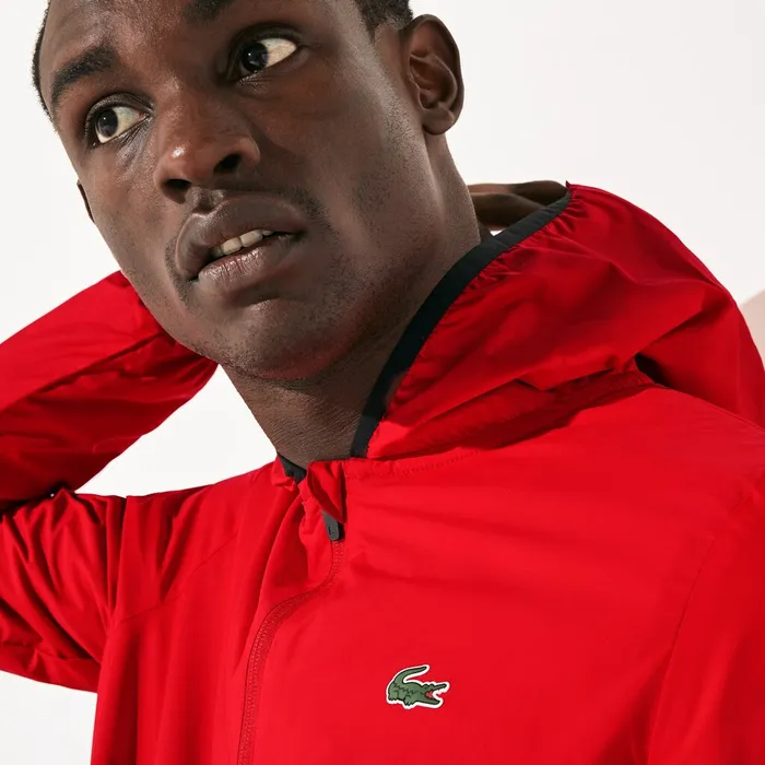 SPORT WaterResistant Foldable Hooded Zip Jacket RedBlack Mens Lacoste Jackets and Coats For Sale Online