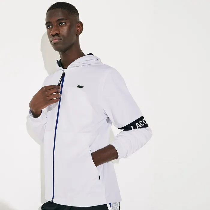 SPORT WaterResistant Hooded ZipUp Jacket WhiteBlackBlue Mens Lacoste Jackets and Coats Gift 4 You