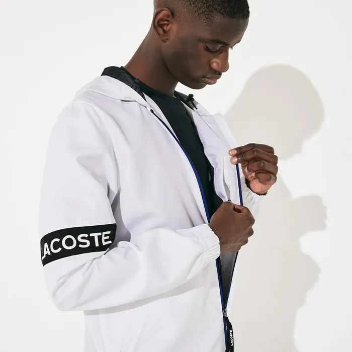 SPORT WaterResistant Hooded ZipUp Jacket WhiteBlackBlue Mens Lacoste Jackets and Coats Gift 4 You