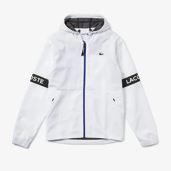 SPORT WaterResistant Hooded ZipUp Jacket WhiteBlackBlue Mens Lacoste Jackets and Coats Gift 4 You