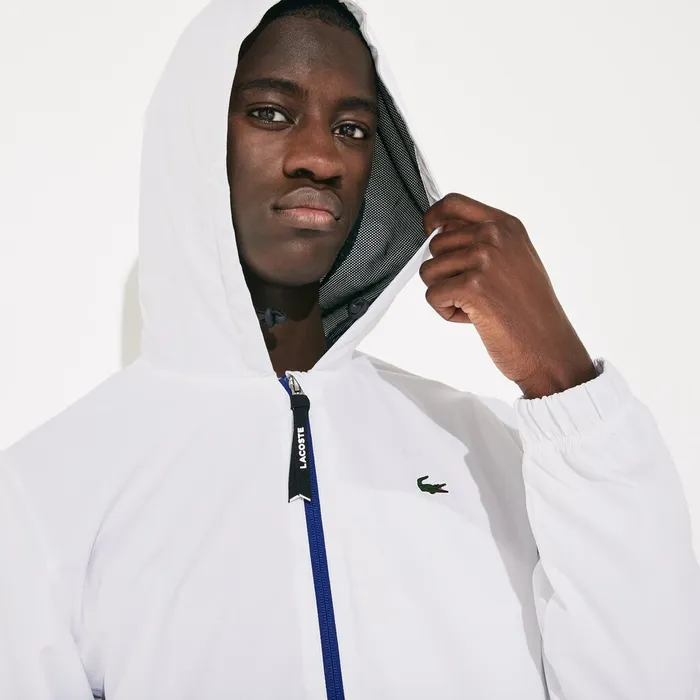 SPORT WaterResistant Hooded ZipUp Jacket WhiteBlackBlue Mens Lacoste Jackets and Coats Gift 4 You