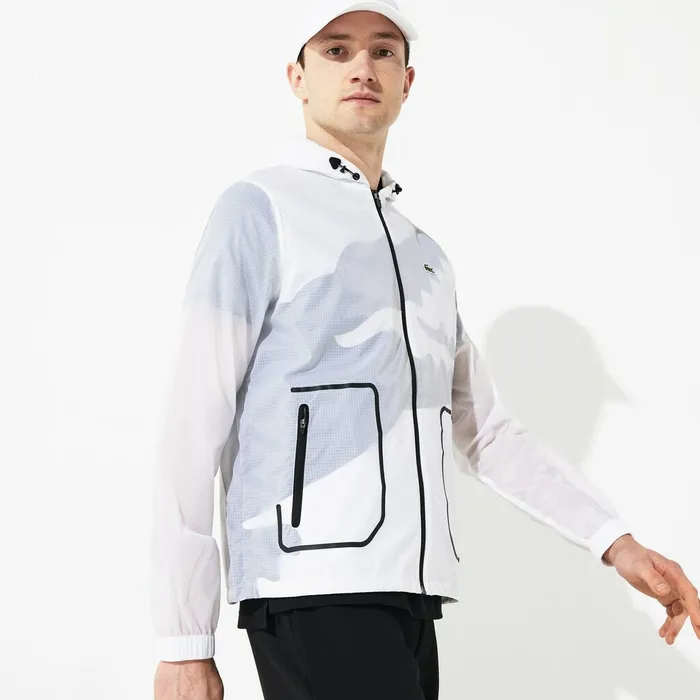 SPORT WaterResistant Windbreaker WhiteBlack Mens Lacoste Jackets and Coats Outlet Factory