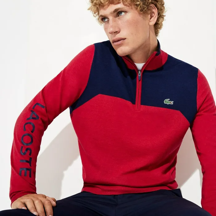 SPORT ZipUp Technical Wool Sweater RedNavy Blue Mens Lacoste Sweaters For Sale SPORT ZipUp Technical Wool Sweater RedNavy Blue Mens Lacoste Sweaters For Sale
