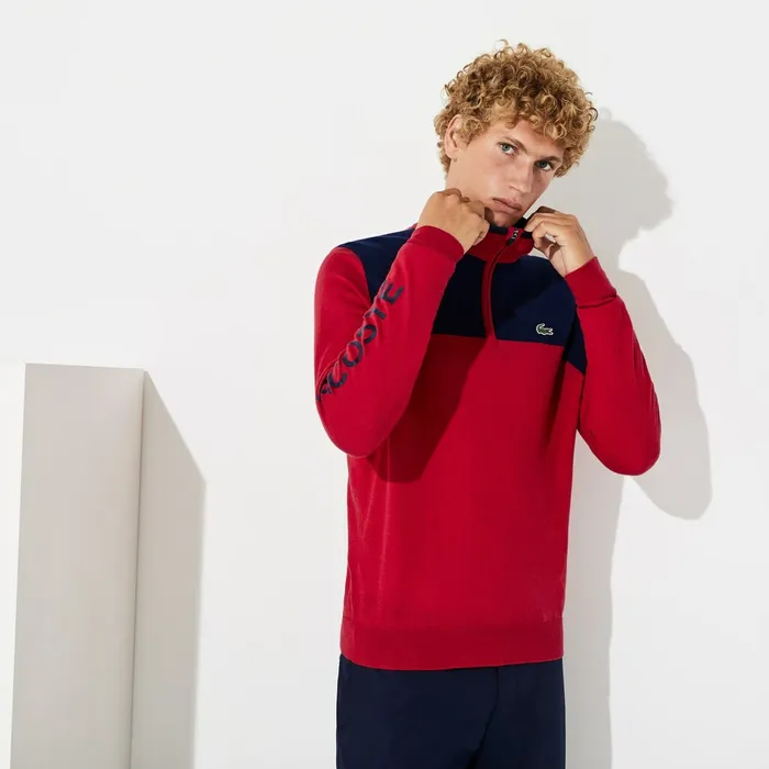SPORT ZipUp Technical Wool Sweater RedNavy Blue Mens Lacoste Sweaters For Sale