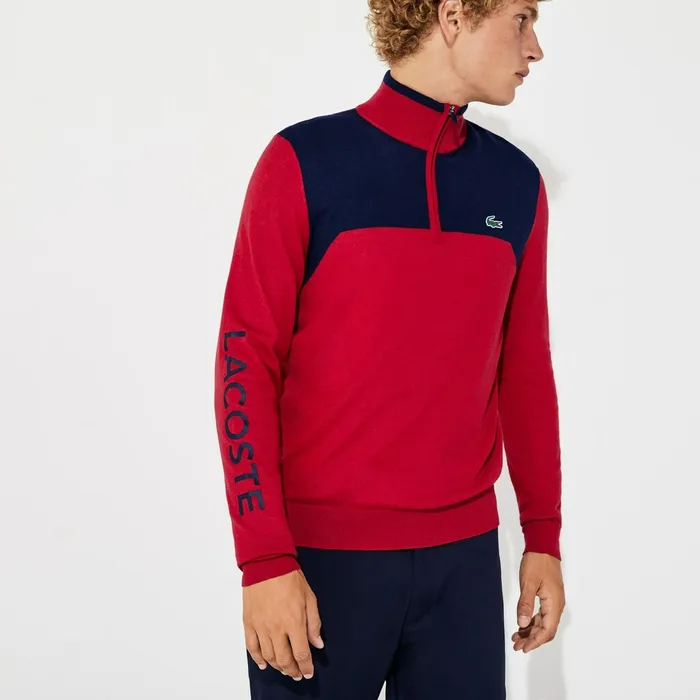 SPORT ZipUp Technical Wool Sweater RedNavy Blue Mens Lacoste Sweaters For Sale