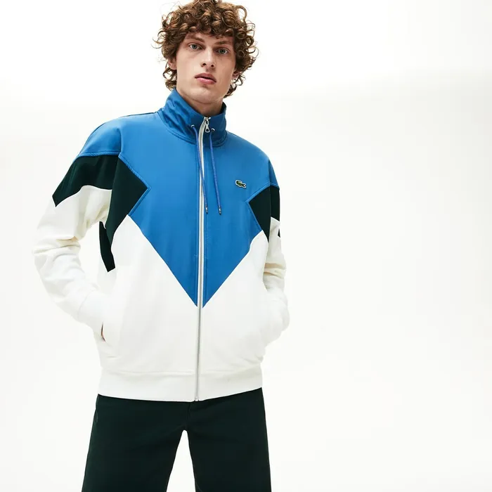 Standup Collar ColorBlocked Cotton Fleece Jacket WhiteGreenBlue Mens Lacoste Sweatshirts USA