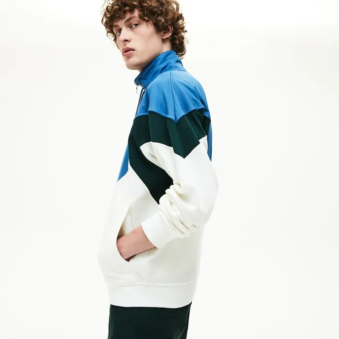 Standup Collar ColorBlocked Cotton Fleece Jacket WhiteGreenBlue Mens Lacoste Sweatshirts USA