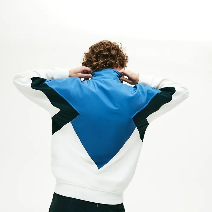 Standup Collar ColorBlocked Cotton Fleece Jacket WhiteGreenBlue Mens Lacoste Sweatshirts USA