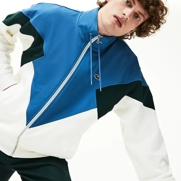 Standup Collar ColorBlocked Cotton Fleece Jacket WhiteGreenBlue Mens Lacoste Sweatshirts USA