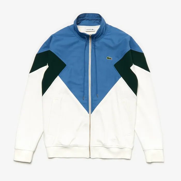 Standup Collar ColorBlocked Cotton Fleece Jacket WhiteGreenBlue Mens Lacoste Sweatshirts USA