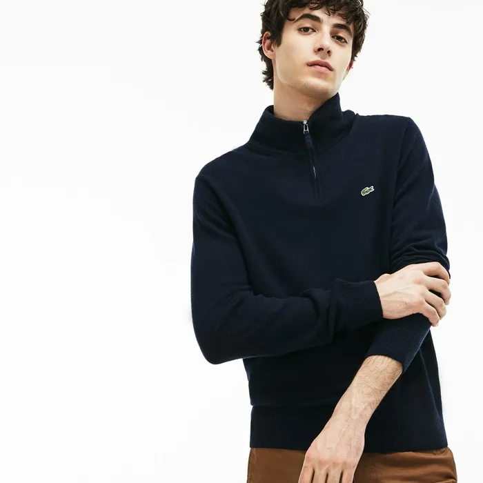 StandupCollar Wool Sweater Navy BlueGreenWhite Mens Lacoste Sweaters Near Me