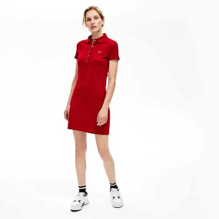 Stretch Cotton Mini Piqu Polo Dress Bordeaux Womens Lacoste Dresses and Skirts USA