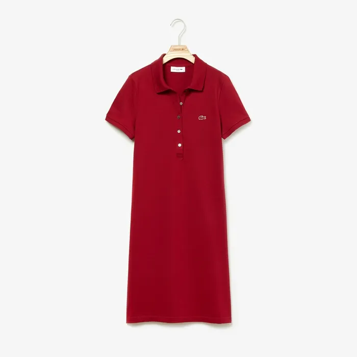 Stretch Cotton Mini Piqu Polo Dress Bordeaux Womens Lacoste Dresses and Skirts USA