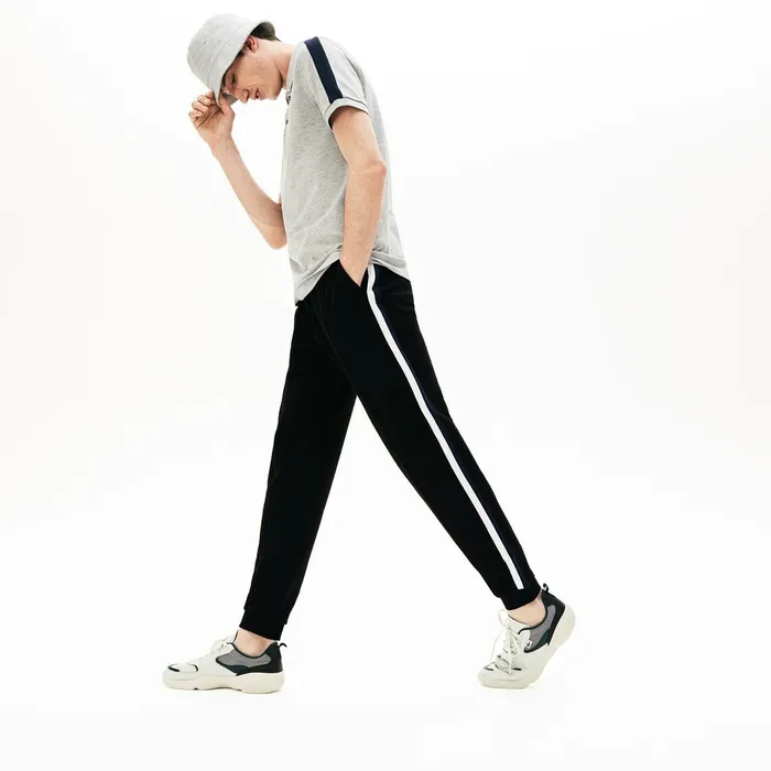 Striped Accent Fleece Sweatpants Black Mens Lacoste Tracksuits Store