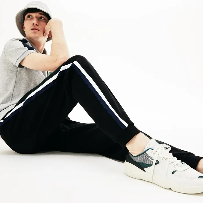 Striped Accent Fleece Sweatpants Black Mens Lacoste Tracksuits Store