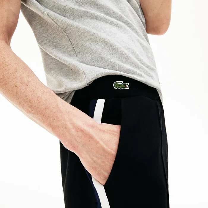 Striped Accent Fleece Sweatpants Black Mens Lacoste Tracksuits Store