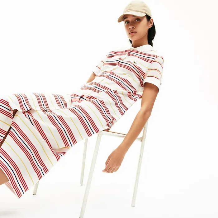 Striped Cotton Buttoned Polo Dress WhiteRedYellowNavy BlueLight Pink Womens Lacoste Dresses and Skirts Gift for Friend