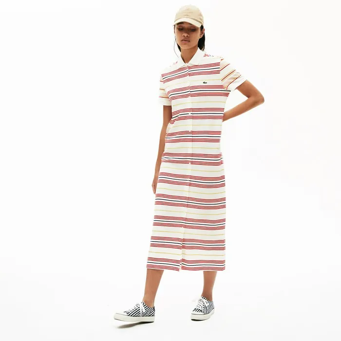 Striped Cotton Buttoned Polo Dress WhiteRedYellowNavy BlueLight Pink Womens Lacoste Dresses and Skirts Gift for Friend