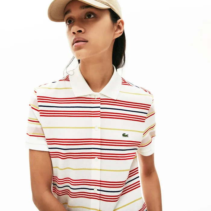Striped Cotton Buttoned Polo Dress WhiteRedYellowNavy BlueLight Pink Womens Lacoste Dresses and Skirts Gift for Friend
