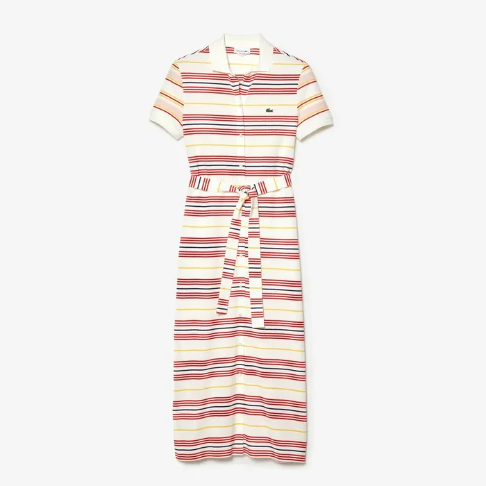 Striped Cotton Buttoned Polo Dress WhiteRedYellowNavy BlueLight Pink Womens Lacoste Dresses and Skirts Gift for Friend