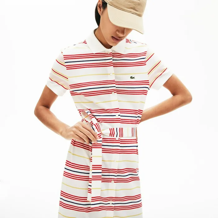 Striped Cotton Buttoned Polo Dress WhiteRedYellowNavy BlueLight Pink Womens Lacoste Dresses and Skirts Gift for Friend