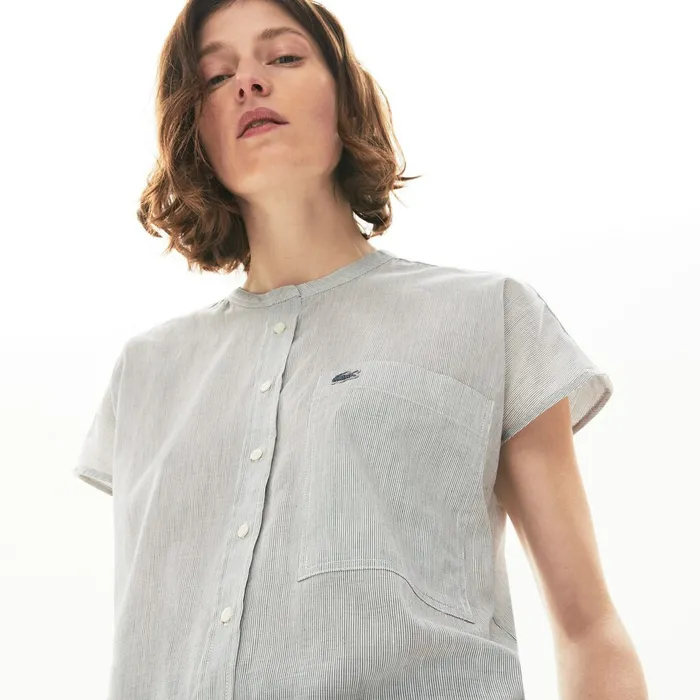 Striped Linen And Cotton Blend Shirt WhiteNavy Blue Womens Lacoste Shirts and Tops Shop