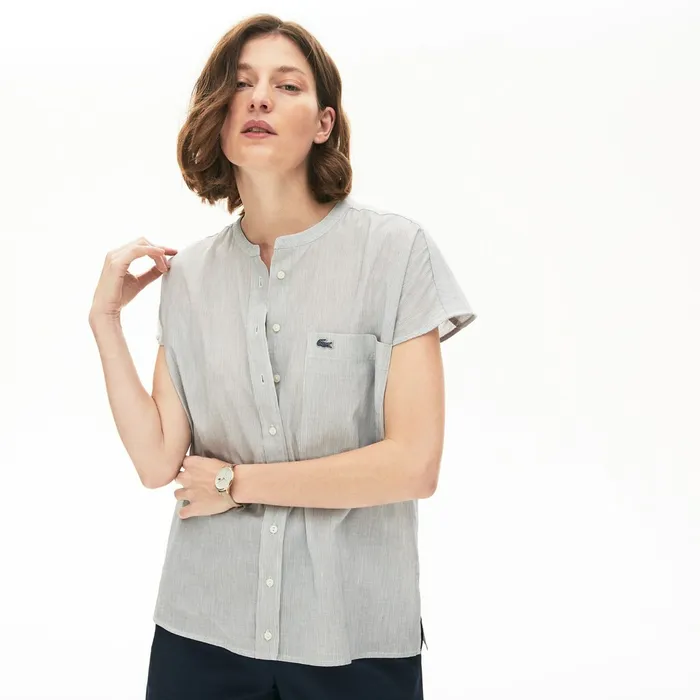 Striped Linen And Cotton Blend Shirt WhiteNavy Blue Womens Lacoste Shirts and Tops Shop