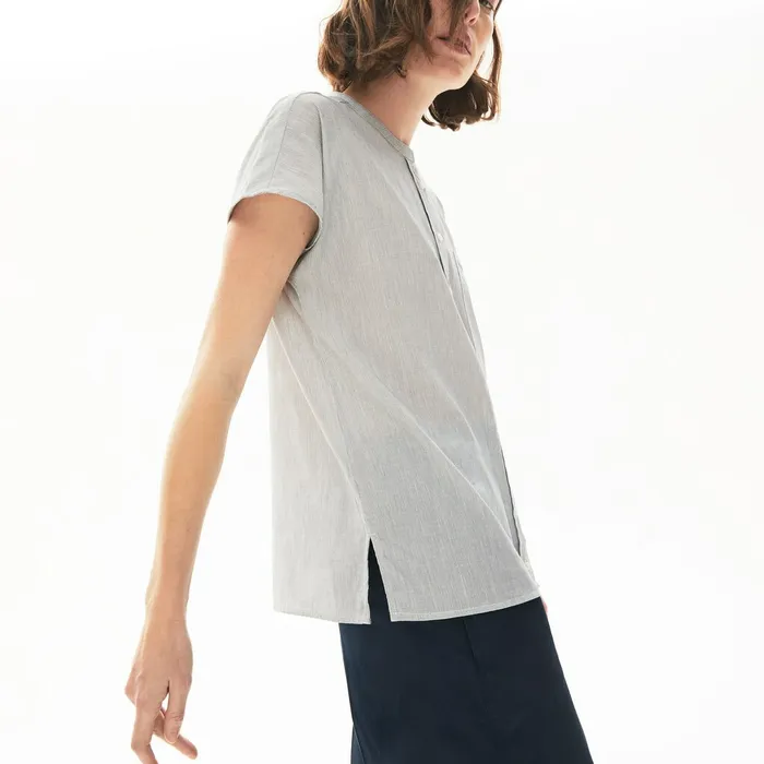 Striped Linen And Cotton Blend Shirt WhiteNavy Blue Womens Lacoste Shirts and Tops Shop