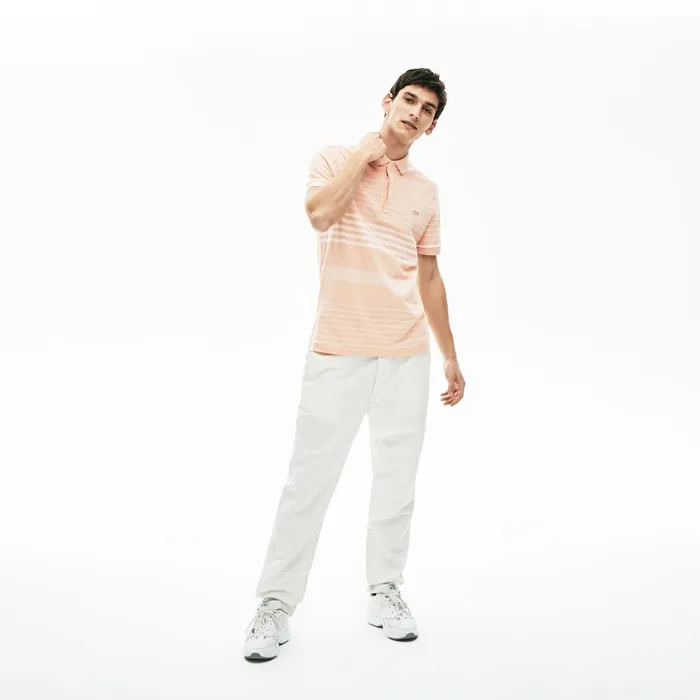 Striped Linen And Cotton Regular Fit Polo Shirt Light PinkWhite Mens Lacoste Polos Online Store
